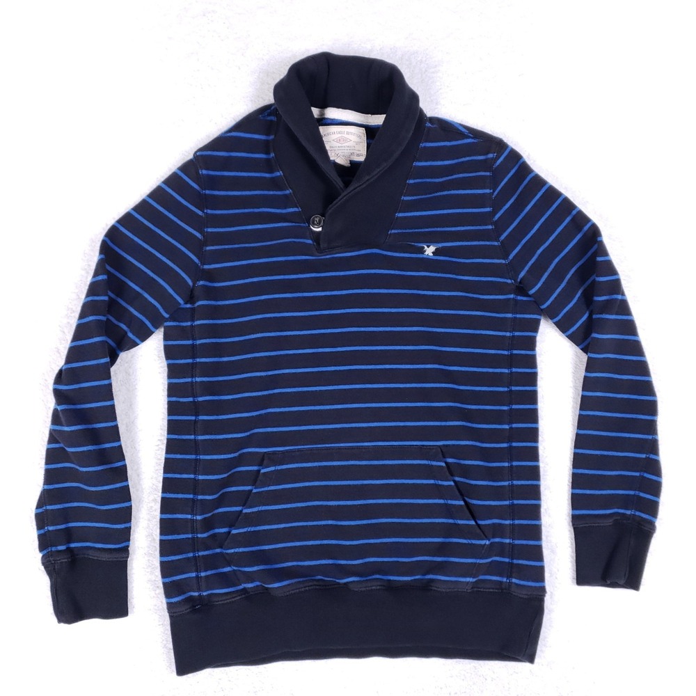 American Eagle Vintage Shawl Collar Sweatshirt Small Navy Blue Striped